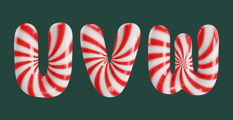 Candy cane striped balloon font letters U, V, W in a glossy 3D rendering, isolated on a dark green background.