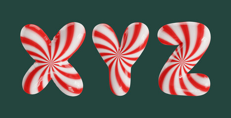 Candy cane striped balloon font letters X, Y, Z in a glossy 3D rendering, isolated on a dark green background.