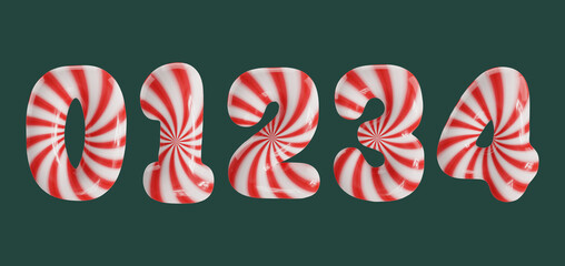 Candy cane striped balloon numbers in a glossy 3D rendering, isolated on a dark green background.