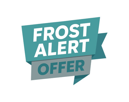 Flat vector banner design text Frost Alert Offer bold geometric font teal and gray palette ribbon folded shape