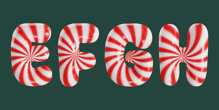 Candy cane striped balloon font letters E F, G, H in a glossy 3D rendering, isolated on a dark green background.