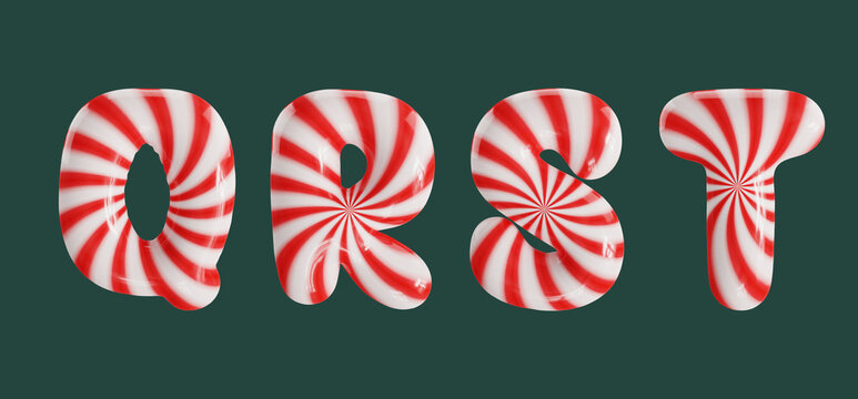 Candy cane striped balloon font letters Q, R, S, T in a glossy 3D rendering, isolated on a dark green background.