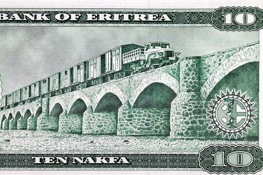 Eritrea 10 Nakfa 1997 Banknotes with the image of Viaduct over Dogali River and train. Paper money of Eritrea.