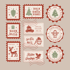 Vintage Christmas postage stamps, seals, and mail labels vector set with holiday icons, Santa, reindeer, and festive greetings.