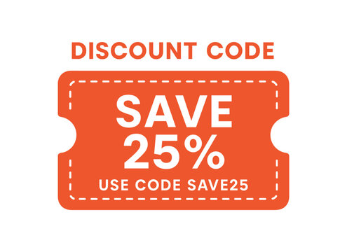 Flat vector banner design top text DISCOUNT CODE main text SAVE 25% bottom text USE CODE SAVE25 red coupon label design with white text