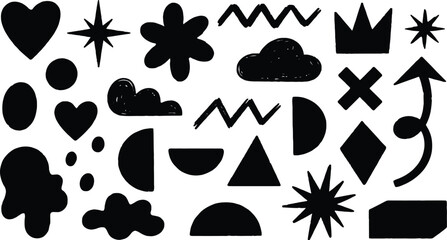 Collection of diverse black abstract organic shapes and geometric forms on white background