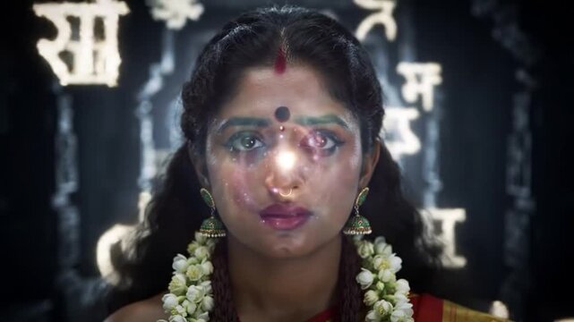 An ethereal, spiritual close-up portrait of a beautiful Indian woman, wearing traditional jewelry and flowers, with a magical golden light emanating from her forehead. It combines culture, divinity.