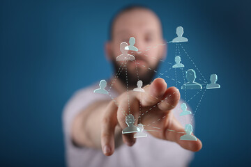 Business man touching digital connections, team work concept, innovative technology, social networking or communication, abstract network, data