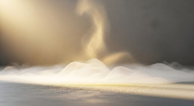 Abstract scene of swirling white mist and shimmering golden dust particles illuminated by a soft, warm light. Ethereal, magical background perfect for fantasy, luxury, or conceptual designs.