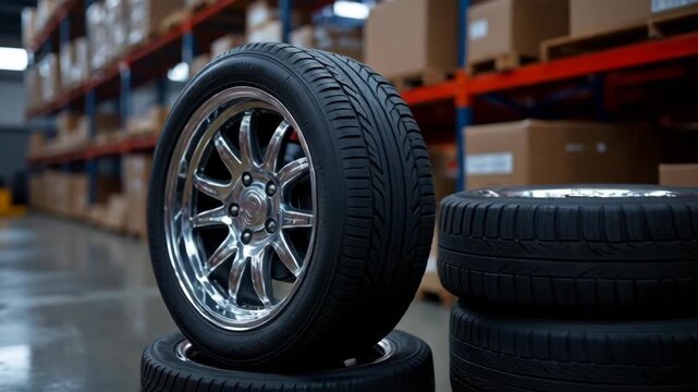A set of four tires are stacked on top of each other 
