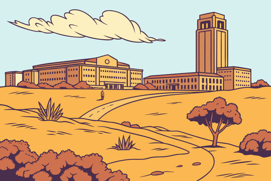 &ldquo;Lubbock Texas with desert skyline and campus, warm tones&rdquo;