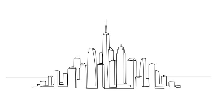 Minimalist black and white line art of modern city skyline with tall skyscrapers for urban architecture and design concept