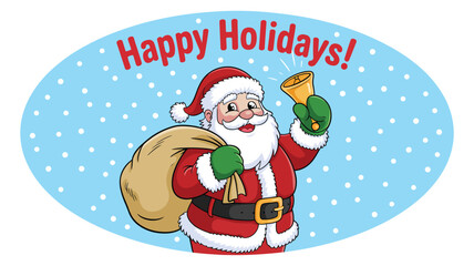  Santa Claus with bell and gift sack on snowy blue background, “Happy Holidays” greeting in red text, festive Christmas illustration