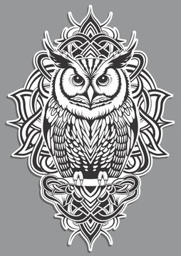 Owl drawing, symbol of wisdom, vector tattoo.