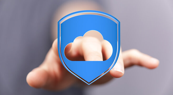 Hand touching cloud data protection icon representing security and privacy in the digital age. Secure online cl