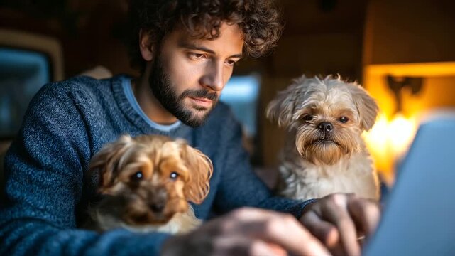Man works on laptop inside camper van with two pugs, remote work lifestyle, digital nomad enjoying telecommuting with pets on road trip, small dogs watch attentively as man types,