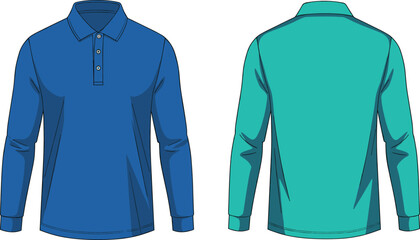 Blue and teal long-sleeve polo shirt illustration, front and back view vector for fashion catalog, retail, or apparel design use