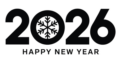  Minimalist 2026 Happy New Year typography with snowflake zero, festive winter greeting design for seasonal celebration and stock use