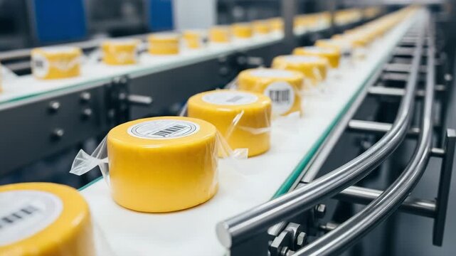 Cheese wheels moving along a conveyor belt in a food processing factory