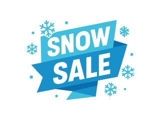 Flat vector banner design text Snow Sale bold geometric font white and light blue palette ribbon folded shape