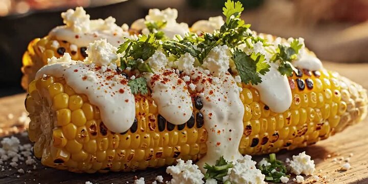 Grilled corn on the cob topped with creamy sauce and cheese