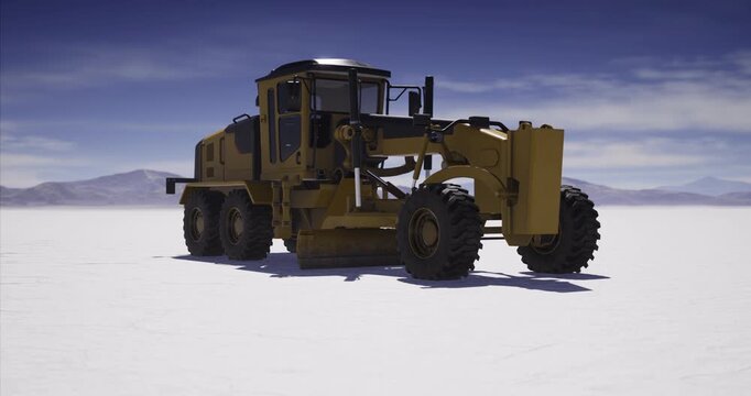 A large, powerful grader is positioned on a dry, expansive terrain, ready to reshape the ground. Dust rises as it prepares to smooth the uneven surface in the bright daylight.