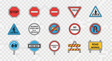 A set of vital road signs for safety and navigation, ideal for driver's education, urban planning, and promoting road safety awareness with clear and concise symbols.