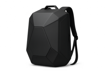 Modern black backpack isolated on transparent background with unique design