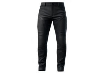 Black biker-style leather pants isolated on transparent background, detailed shot