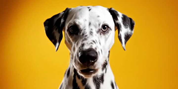 Dalmatian dog with black spots looking forward against vibrant yellow background in studio closeup portrait