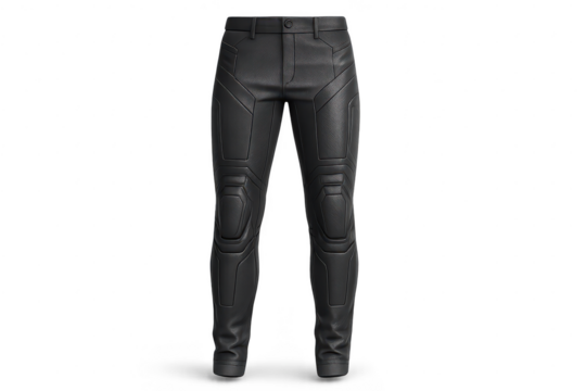 Isolated black leather pants with futuristic design on transparent backdrop