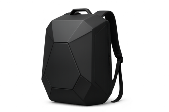 Modern black backpack isolated on transparent background with unique design