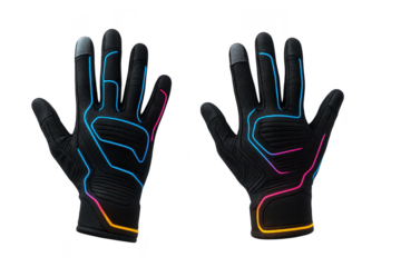 Pair of futuristic gloves isolated on transparent background, glowing design
