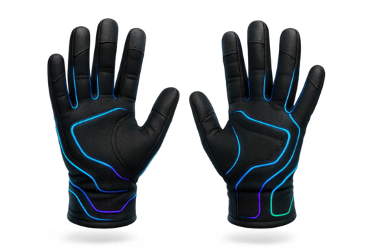 Futuristic black gloves with neon glowing lines isolated on transparent background