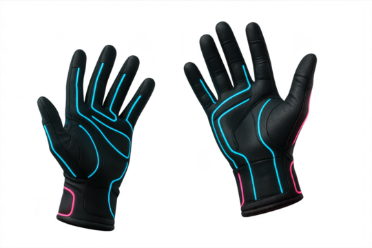 Pair of futuristic gloves with neon blue and pink lights on a transparent background.
