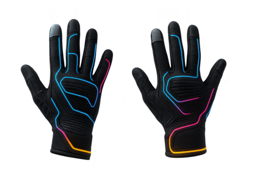 Pair of futuristic gloves isolated on transparent background, glowing design