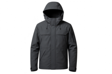 Dark gray hooded parka jacket isolated on transparent background, clean look
