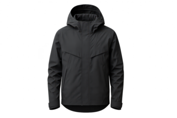 Modern black hooded jacket isolated on transparent background, outerwear