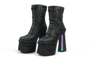 Pair of futuristic platform boots isolated on transparent background, black color