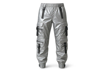 Silver metallic cargo pants isolated on transparent background, futuristic style