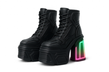 Pair of black platform boots with colorful glowing heels isolated on transparent