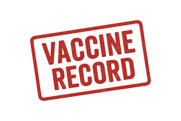 Red rubber stamp text VACCINE RECORD rectangular outline bold capital letters distressed texture rotation isolated on white background vector illustration clean minimal style