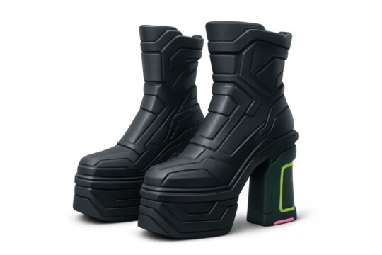 Pair of futuristic black platform boots isolated on transparent backdrop, stylish