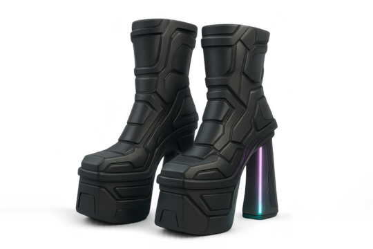 Pair of futuristic platform boots isolated on transparent background, black color