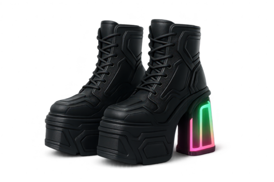 Pair of black platform boots with colorful glowing heels isolated on transparent