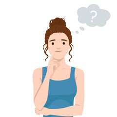 Thoughtful woman touching her chin with a question mark above her head. Flat vector illustration isolated on white background