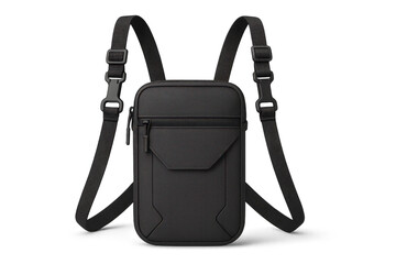 Sleek black sling bag with adjustable straps isolated on transparent background