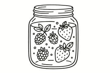 handdrawn cute doodle style berries water jar vector line illustration