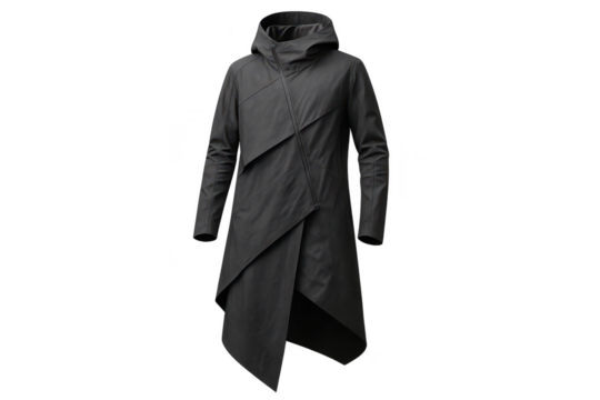 Modern dark hooded coat with asymmetric zipper, isolated on transparent background