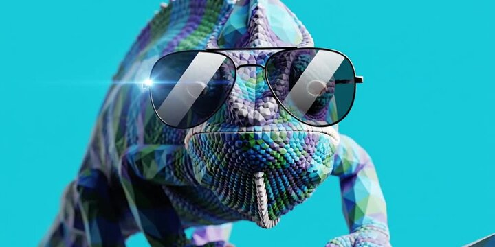 chameleon wearing sunglasses on a solid color background, vector art, digital art, faceted, minimal, abstract, panorama background